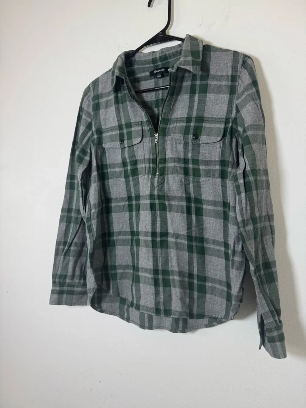 Madewell Plaid Flannel Shirt Women’s Small Green Gray Half Zip Pullover Cotton - Picture 2 of 6